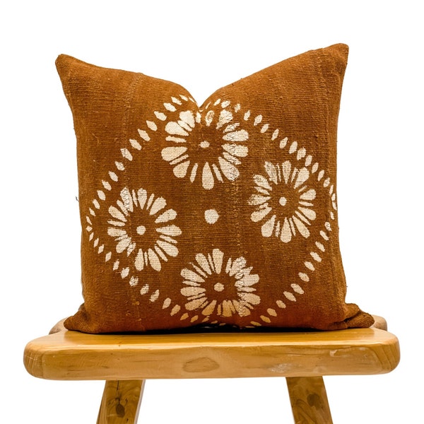 Rust Mudcloth Pillow Cover 18x18, White abstract on Rust Pillow Cover, Authentic Throw Pillow, Cushion Cover, African Pillow 18x18