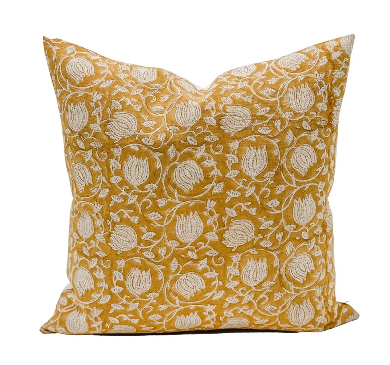 Designer Floral Yellow Mustard on Natural Linen Pillow Cover, Yellow Pillow cover, Boho Pillow, Decorative Pillow, Floral pillow cover image 4