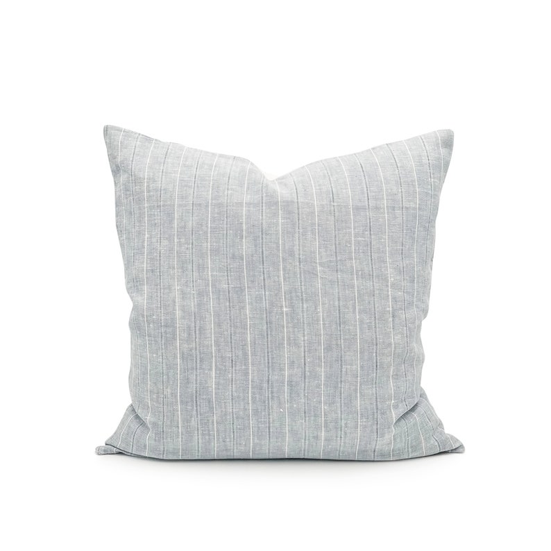 Blue Linen Striped Decorative Pillow Cover // Sofa Lumbar Pillow Cover Cushion Cover image 1