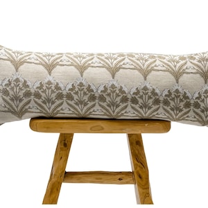 Designer Tan Beige on Natural Linen Pillow Cover, Tan Beige and White Pillow, Boho Pillow, Floral pillow, Extra Long pillow Cover