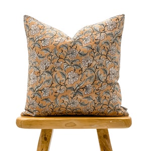 Designer Floral in Tan, Rust and Grey on Natural Linen Pillow Cover, Floral Pillow cover, Decorative Throw Pillow, Farmhouse pillow