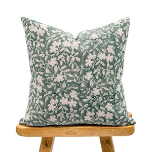 Designer Floral Sage Green on Natural Linen Pillow Cover, Sage Green Pillow cover, Boho Pillow, Block Printed Pillow, Floral pillow cover