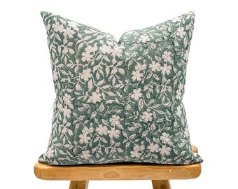 Designer Floral Sage Green on Natural Linen Pillow Cover, Sage Green Pillow cover, Boho Pillow, Block Printed Pillow, Floral pillow cover