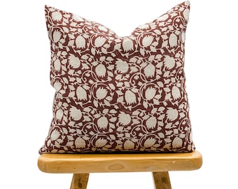 Designer Floral Umber Burgundy on Natural Linen Pillow Cover, Burgundy Pillow cover, Boho Throw Pillow, Floral pillow cover