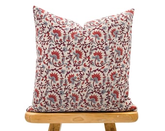 Burgundy, Grey and Coral Red Floral Design on Natural Linen Pillow Cover, Accent Pillow cover, Boho Pillow, Farmhouse Pillow, Floral pillow