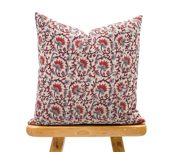 Burgundy Grey and Coral Red Floral Design on Natural Linen Pillow