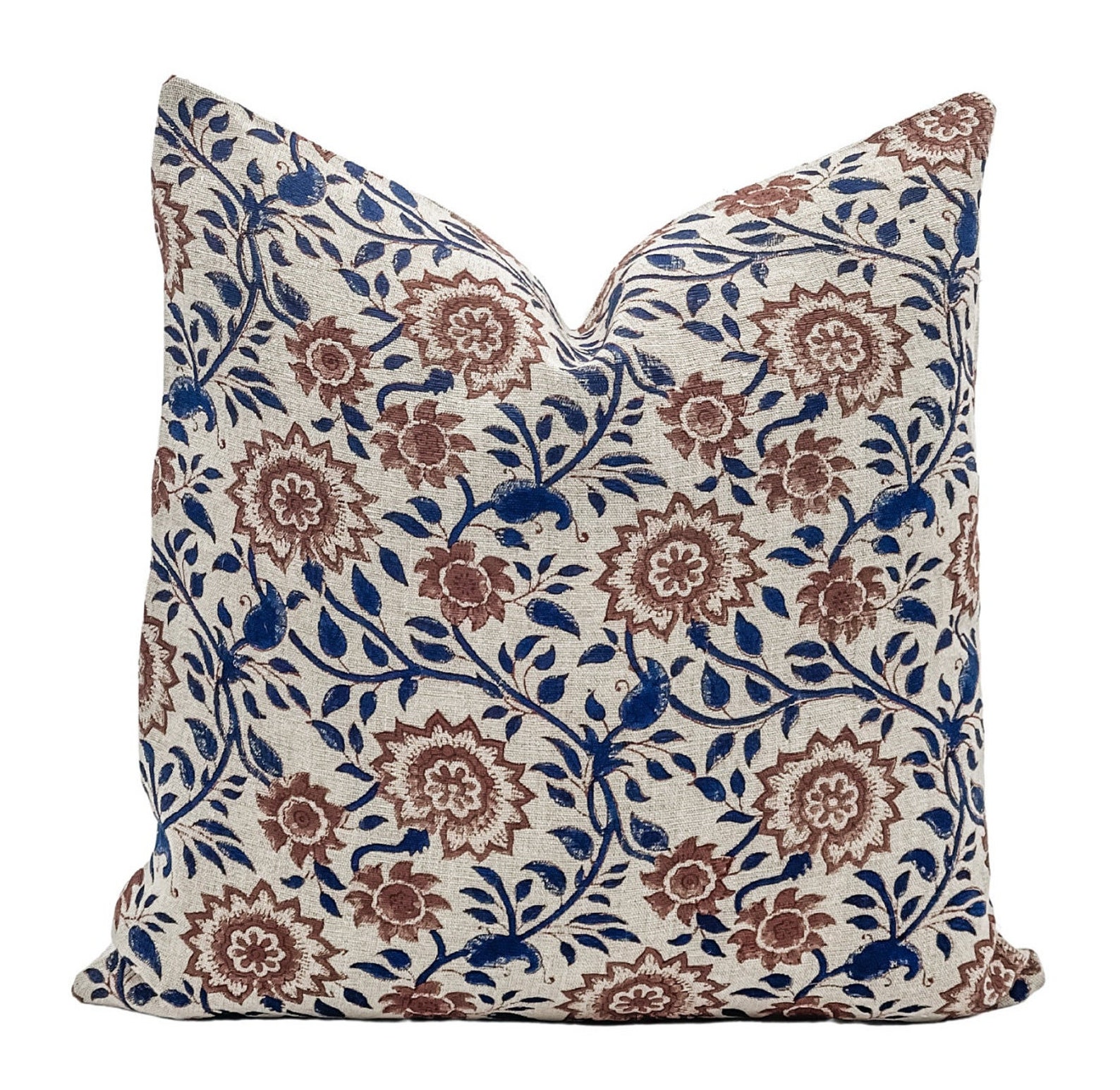 Designer Floral on Natural Linen Pillow Cover // Indigo Blue Etsy