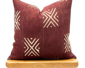 Oreiller africain authentique, coussin en toile de boue bordeaux, taie d'oreiller rouge foncé avec motif blanc, housse de coussin, coussin 20 x 20