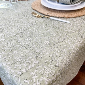 Light Olive Green Floral Design on Natural Linen Table Cover, Neutral Table Linen, Fall Decor Tablecloth, Floral Table linen in Light Green image 5