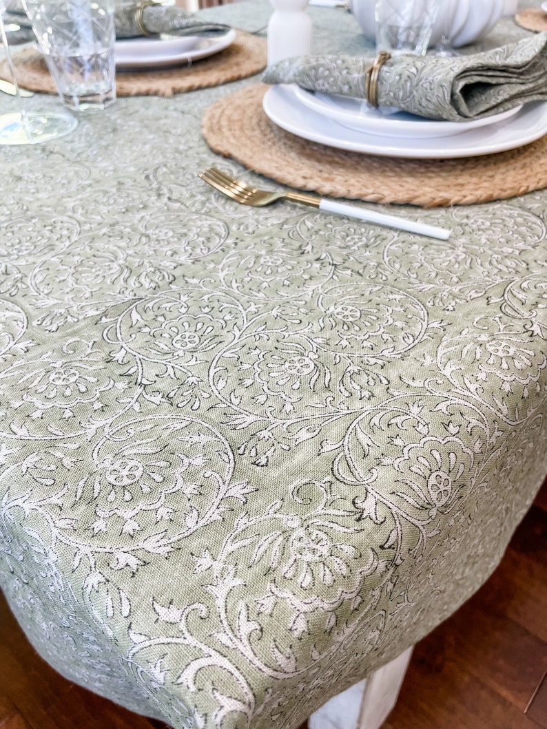 Light Olive Green Floral Design on Natural Linen Table Cover, Neutral Table Linen, Fall Decor Tablecloth, Floral Table linen in Light Green image 5