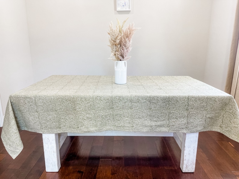 Light Olive Green Floral Design on Natural Linen Table Cover, Neutral Table Linen, Fall Decor Tablecloth, Floral Table linen in Light Green image 2