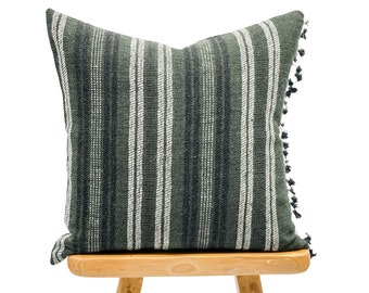 Vintage Indian Wool Pillow Cover, Green Wool Pillow, Green and White Pillow Cover 22x22, Fringed Pillow, Farmhouse pillow, High End pillow