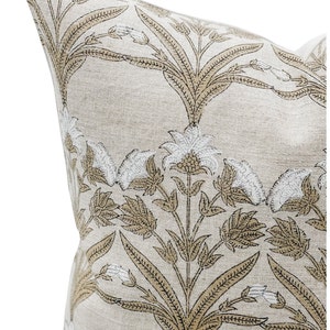 Designer Tan Beige Floral Design on Natural Linen Pillow Cover, Tan and White Pillow cover, Boho Pillow, Farmhouse Pillow, Floral pillow image 2