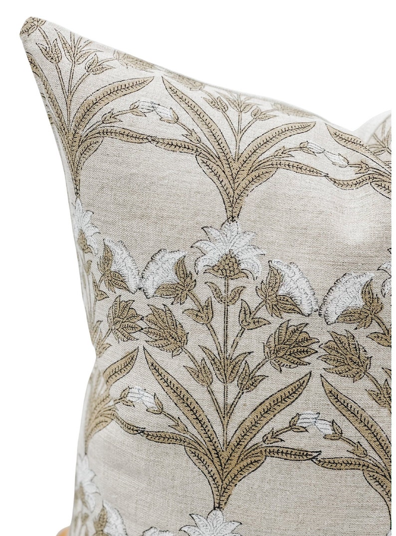 Designer Tan Beige Floral Design on Natural Linen Pillow Cover, Tan and White Pillow cover, Boho Pillow, Farmhouse Pillow, Floral pillow image 2