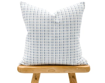 Blue and Cream Striped Woven Pillow Cover, Neutral pillow, White and blue pillow, Blue pillow, Farmhouse pillow, Blue textured pillow Cover