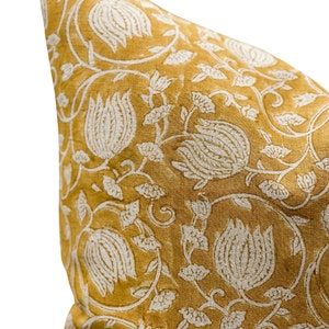 Designer Floral Yellow Mustard on Natural Linen Pillow Cover, Yellow Pillow cover, Boho Pillow, Decorative Pillow, Floral pillow cover image 2