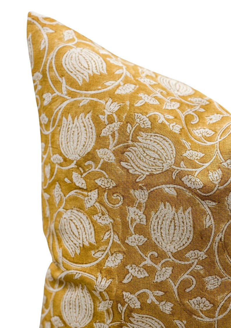 Designer Floral Yellow Mustard on Natural Linen Pillow Cover, Yellow Pillow cover, Boho Pillow, Decorative Pillow, Floral pillow cover image 2