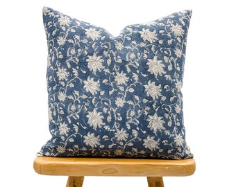 Designer Floral Navy Blue on Natural Linen Pillow Cover, Indigo Blue Pillow cover, Boho Pillow, Decorative Throw Pillow, Floral pillow cover
