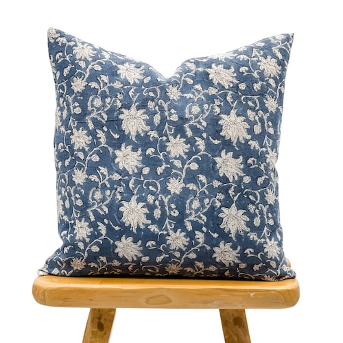 Designer Floral Print on Natural Linen Pillow Cover Indigo Etsy