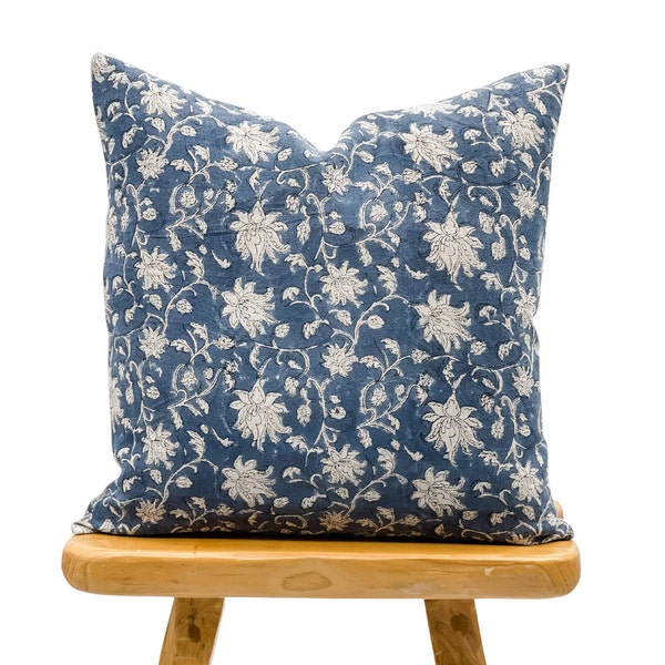 Designer Floral Navy Blue on Natural Linen Pillow Cover, Indigo Blue Pillow cover, Boho Pillow, Decorative Throw Pillow, Floral pillow cover