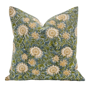 Designer Floral on Natural Linen Pillow Cover // Blue green and Mustards Pillow // Boho Pillow // Decorative Throw Pillows