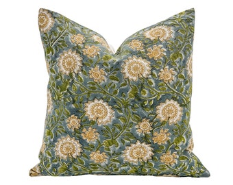 Designer Floral on Natural Linen Pillow Cover // Blue green and Mustards Pillow // Boho Pillow // Decorative Throw Pillows