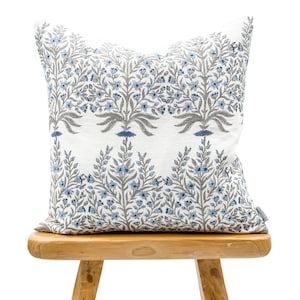 Designer Floral Blue and Grey on Off White Linen Pillow Cover, Floral Pillow cover, Boho Pillow, Decorative Throw Pillow, Farmhouse Pillow