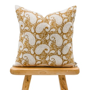 Designer Floral Mustard Yellow Saffron on Linen Pillow Cover, Block printed Paisley Pillow cover, Boho Pillow, Modern Farmhouse Pillow