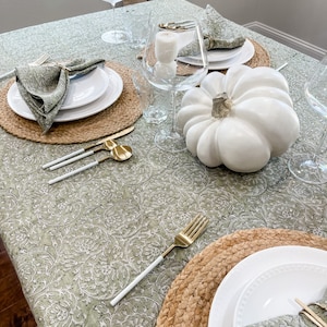 Light Olive Green Floral Design on Natural Linen Table Cover, Neutral Table Linen, Fall Decor Tablecloth, Floral Table linen in Light Green image 4