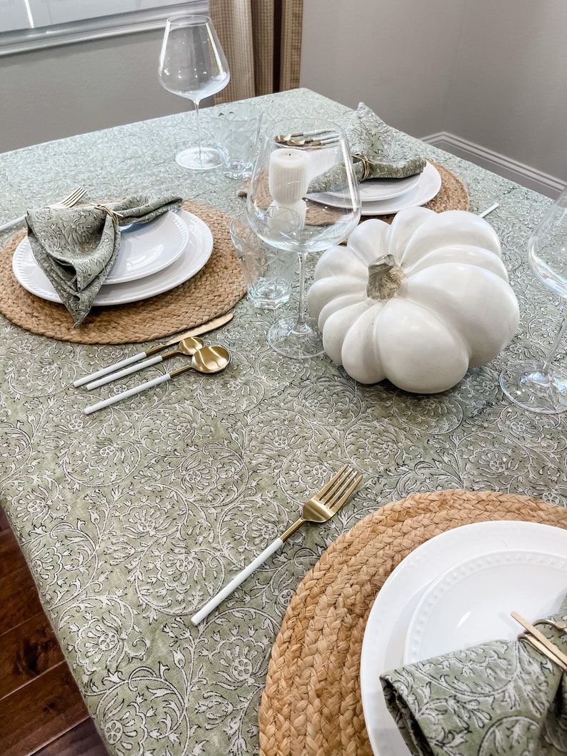 Light Olive Green Floral Design on Natural Linen Table Cover, Neutral Table Linen, Fall Decor Tablecloth, Floral Table linen in Light Green image 4