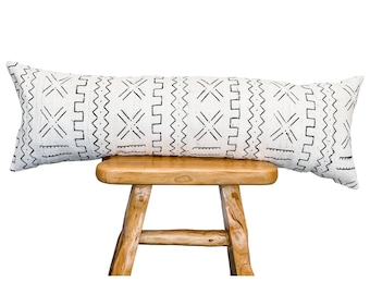 Extra long Bolster Pillow Cover, White African Mudcloth Pillow Cover, Extra Long Lumbar Pillow, Long White and Black Abstract Pillow cover