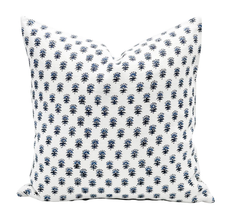 Designer Floral in Navy Blue on Off White Linen Pillow Cover, Small Flowers Floral Pillow cover, Decorative Throw Pillow, Farmhouse pillow image 4