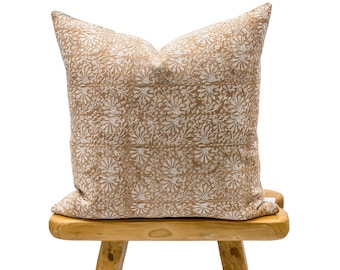 Designer Floral Tan Rust on Natural Linen Pillow Cover, Beige Brown Pillow cover, Boho Pillow, Decorative Throw Pillow, Floral pillow cover