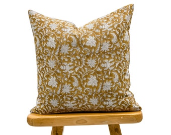 Mostaza amarilla floral de diseñador en funda de almohada de lino natural, funda de almohada amarilla oscura, almohada boho, almohada decorativa, funda de almohada floral
