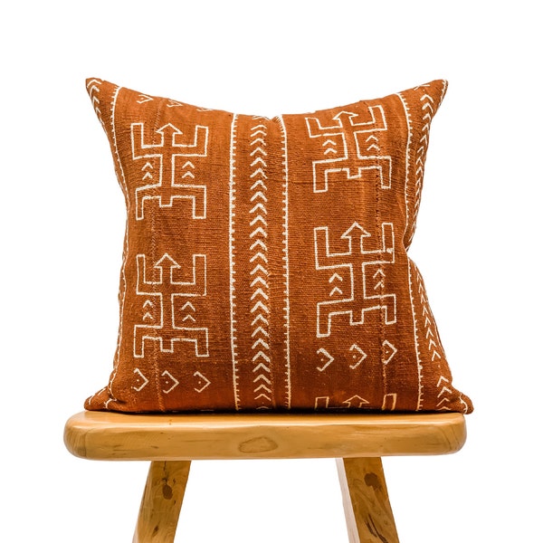 Authentic African Pillow, Handwoven Mudcloth Pillow, Rust with Cream Abstract pattern Pillow Cover| Throw Pillow cover 20x20, Sofa Cushion