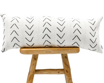 Extra Long Lumbar Pillow, African Pillow, White Mudcloth with black chevrons Pillow Cover, Bolster Pillow Cover 14x36, Farmhouse pillow