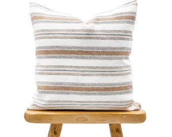 Funda de almohada de lino tejida a mano con diseño de rayas, funda de almohada con rayas de color marrón tostado, almohada bohemia, almohada decorativa, funda de almohada tejida a mano