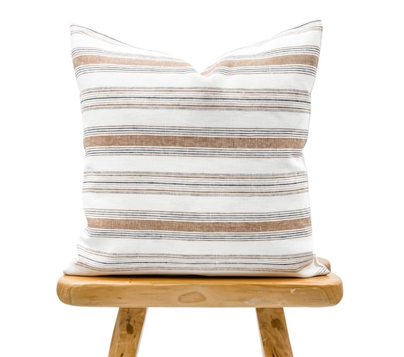 Designer Striped Handwoven Linen Pillow Cover, Tan brown stripes Pillow cover, Boho Pillow, Decorative Throw Pillow, Handloomed pillow cover