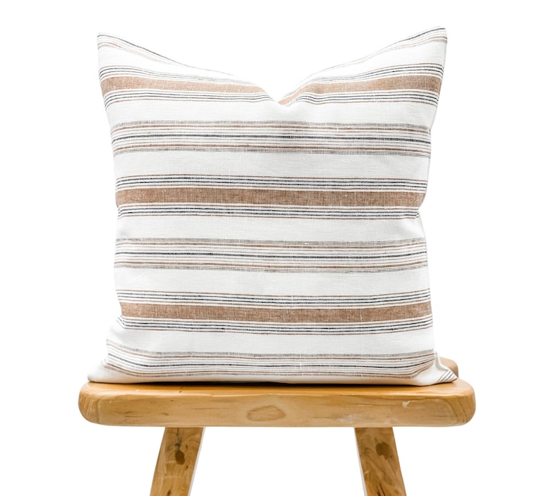 Designer Striped Handwoven Linen Pillow Cover, Tan brown stripes Pillow cover, Boho Pillow, Decorative Throw Pillow, Handloomed pillow cover image 1