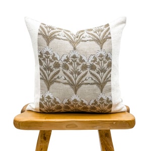 Designer Tan Beige Floral Design on Natural Linen And White Mudcloth Pillow Cover, Tan and White Pillow cover, Boho Farmhouse Pillow, Floral
