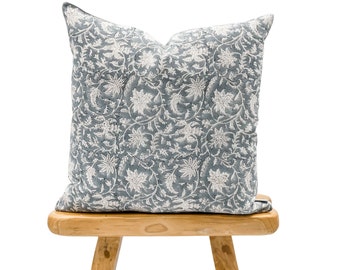 Designer Floral Grey-Blue on Natural Linen Pillow Cover, Grey Pillow cover, Boho Pillow, Decorative Throw Pillow, Floral pillow cover