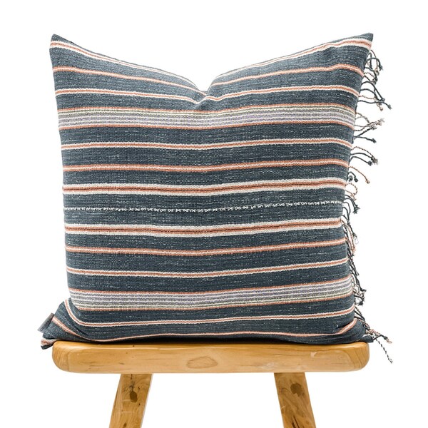 Hmong pillow cover, Tribal pillow Cover, Navy Blue with White and Orange Striped Pillow, Fringed Boho pillow, Farmhouse Pillow Cover 22x22