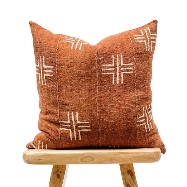 Authentic African Pillow, Handwoven Mudcloth Pillow, Rust with Cream Abstract pattern Pillow Cover| Throw Pillow cover, Sofa Cushion