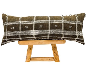 Extra Long Lumbar Pillow, Indian Wool Pillow, Brown Wool Pillow, Brown and White Pillow Cover 14x42, Bolster Pillow, Farmhouse pillow