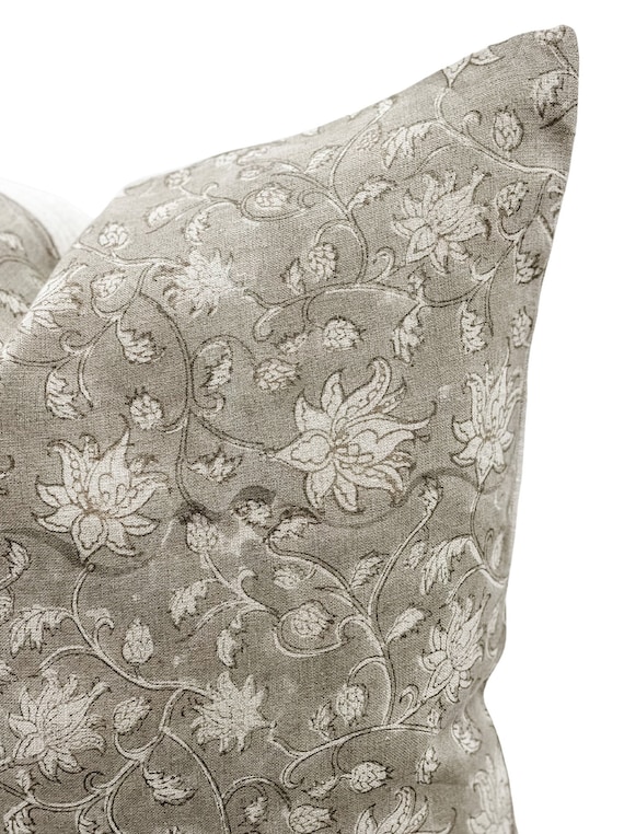 Designer Soft Grey Beige Floral Design on Natural Linen Pillow Cover Beige Grey Pillow Neutral Pillow Farmhouse Pillow Floral Pillow Etsy Canada