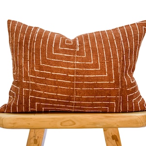 Authentic African Pillow, Lumbar Mudcloth Pillow, Brown Rust with White lines Pillow Cover| Throw Pillow cover, Sofa Cushion 14x20