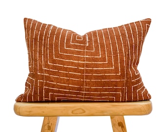Authentic African Pillow, Lumbar Mudcloth Pillow, Brown Rust with White lines Pillow Cover| Throw Pillow cover, Sofa Cushion 14x20