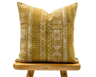 Authentic African Pillow, Handwoven Mudcloth Pillow, Mustard with White pattern Pillow Cover 20x20| Throw Pillow cover, Mustard Mudcloth