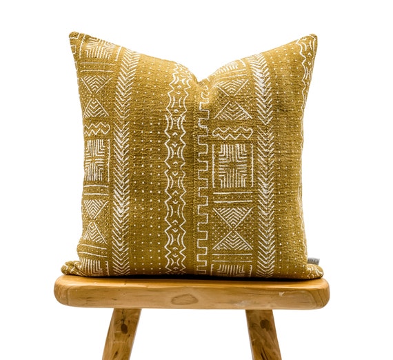 Authentic African Pillow Handwoven Mudcloth Pillow Mustard With