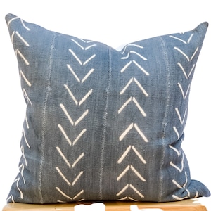 Grey Mudcloth Pillow Cover 22x22, White chevrons on blue/grey Pillow Cover, Authentic Throw Pillow, Cushion Cover, African Pillow